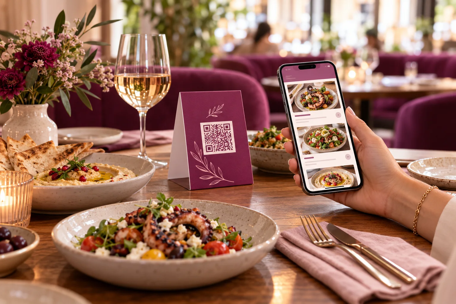 A meal beside a digital menu and plum QR menu stand