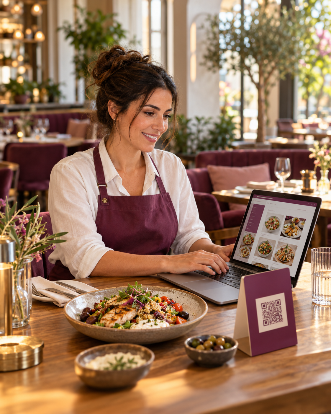 Restaurant owner creating a digital menu beside a plum QR menu stand in a welcoming restaurant